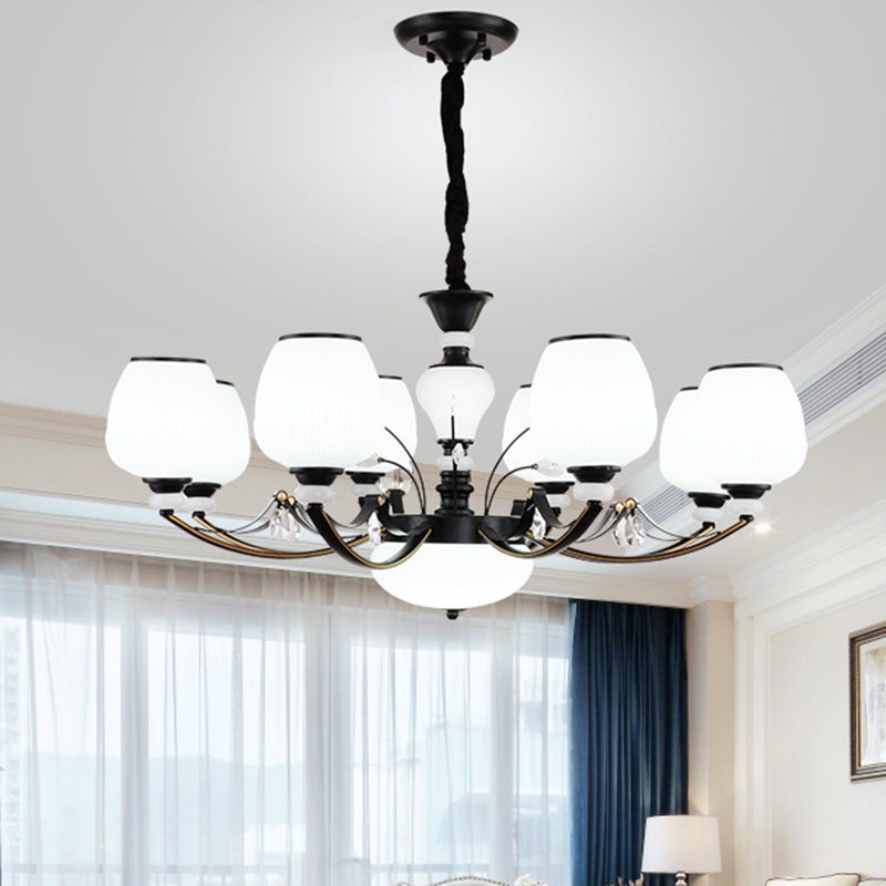 Black 3/6/8-Head Ceiling Chandelier Countryside Style Cream Glass Barrel Shade Suspension Pendant Light