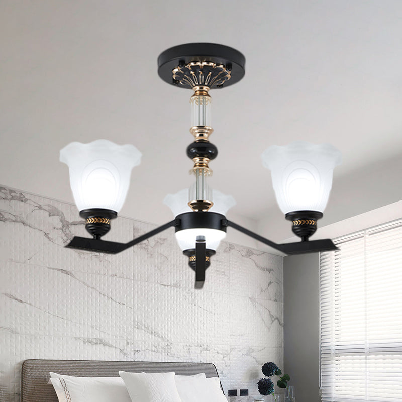 Frosted Glass Black Chandelier Lighting Floral Shade 3/6/8-Head Rural Style Hanging Pendant Light