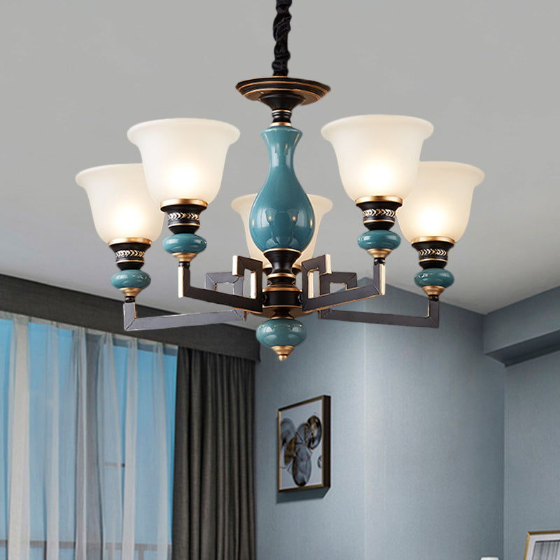 Blue-Black 3/5/6 Heads Pendulum Light Vintage Style Milky Glass Bell Shaped Hanging Chandelier