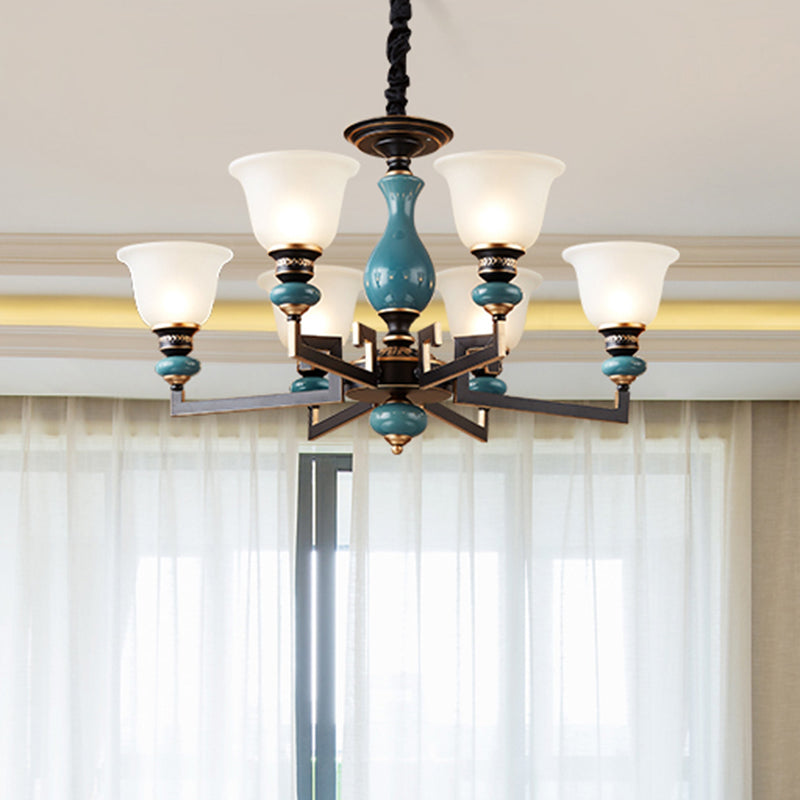 Blue-Black 3/5/6 Heads Pendulum Light Vintage Style Milky Glass Bell Shaped Hanging Chandelier
