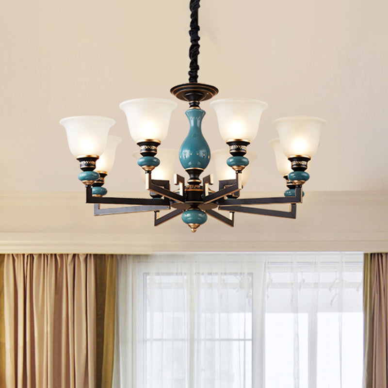Blue-Black 3/5/6 Heads Pendulum Light Vintage Style Milky Glass Bell Shaped Hanging Chandelier