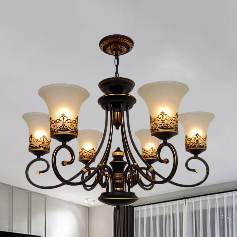 6/8-Light Ceiling Lamp with Bell Shade Cream Glass Traditional Style Guest Room Chandelier Lighting Fixture in Black-Gold