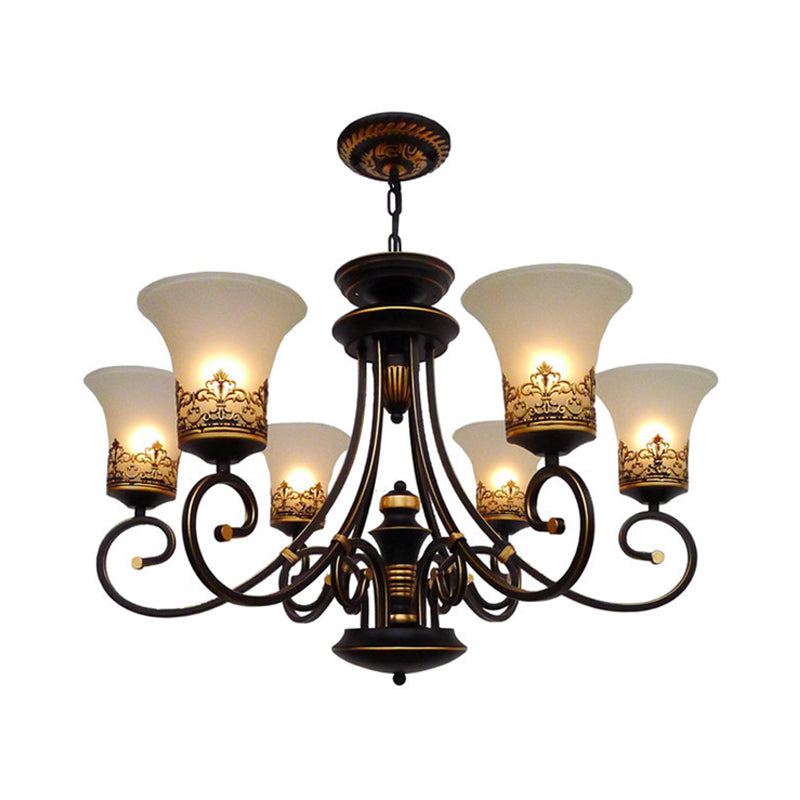 6/8-Light Ceiling Lamp with Bell Shade Cream Glass Traditional Style Guest Room Chandelier Lighting Fixture in Black-Gold