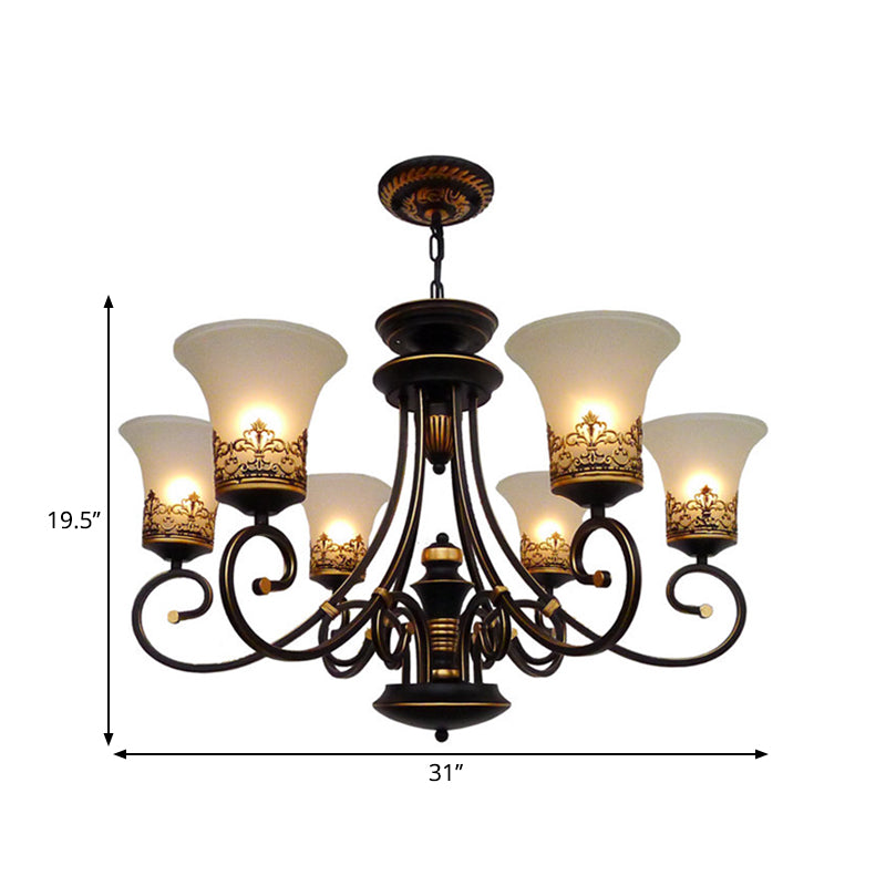 6/8-Light Ceiling Lamp with Bell Shade Cream Glass Traditional Style Guest Room Chandelier Lighting Fixture in Black-Gold