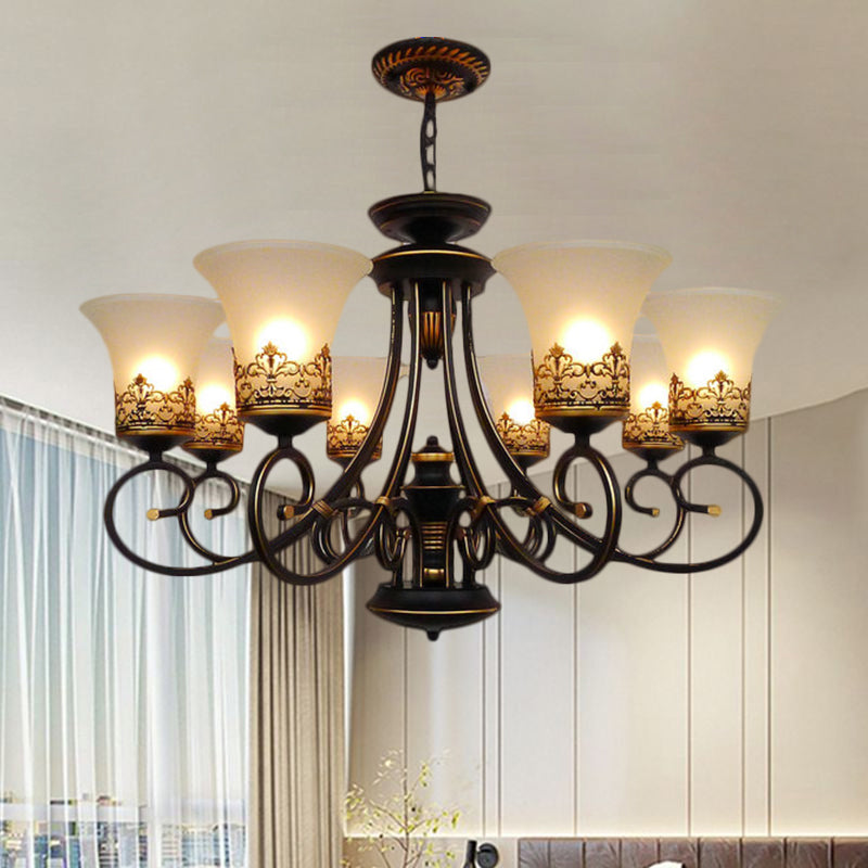 6/8-Light Ceiling Lamp with Bell Shade Cream Glass Traditional Style Guest Room Chandelier Lighting Fixture in Black-Gold