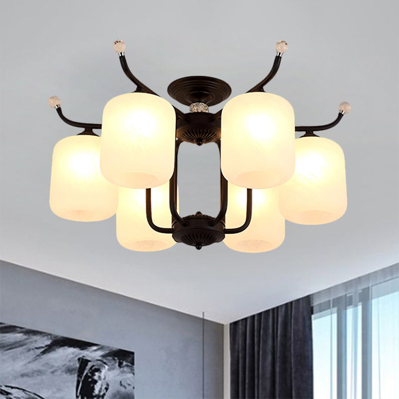 Cream Glass Cylindrical Shade Chandelier Retro Style 6/8 Heads Living Room Suspension Pendant Light in Black