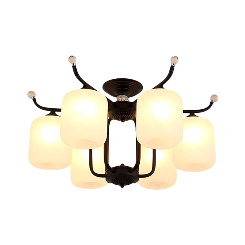 Cream Glass Cylindrical Shade Chandelier Retro Style 6/8 Heads Living Room Suspension Pendant Light in Black