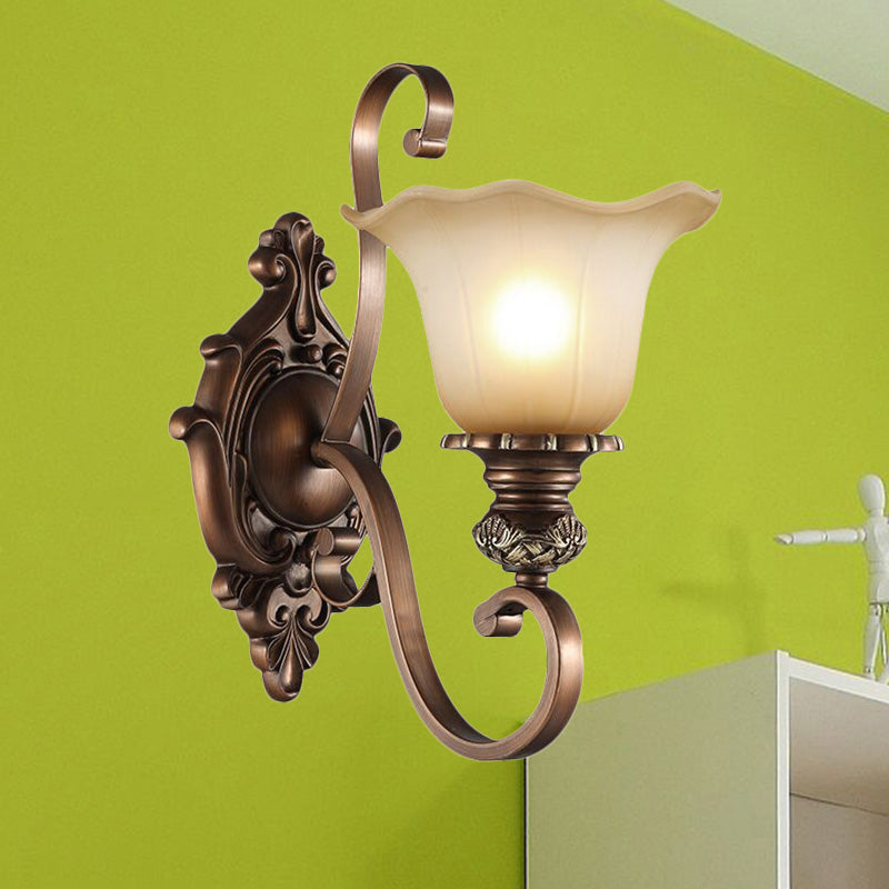 1/2-Head Wall Sconce Lighting with Floral Shade Crystal Traditional Corridor Wall Lamp in Coffee