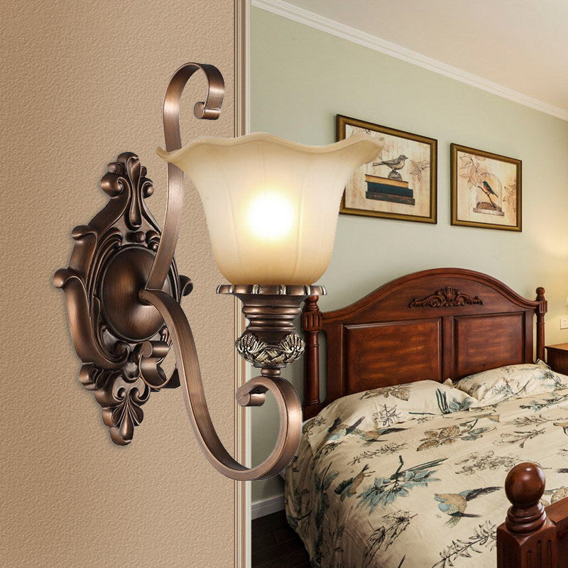 1/2-Head Wall Sconce Lighting with Floral Shade Crystal Traditional Corridor Wall Lamp in Coffee
