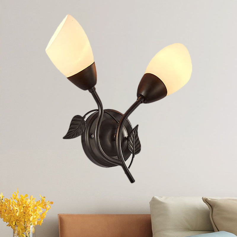 Flaring Shaped Bedside Sconce Light Fixture Vintage Faceted Glass 2-Bulb Black Wall Mount Light