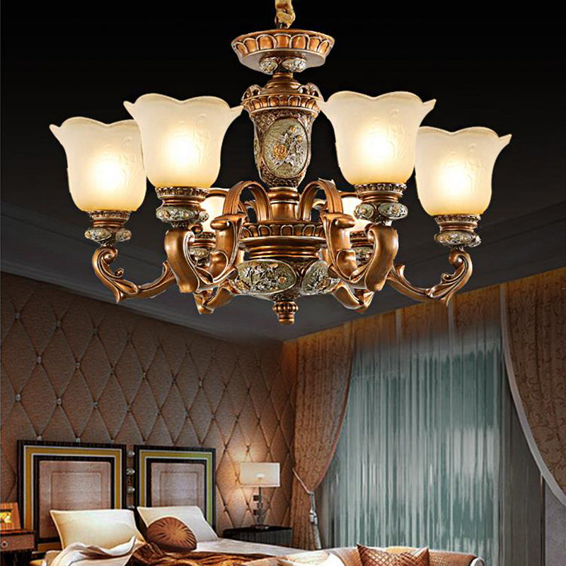 Cream Glass Bruin Kroonluchter Verlichtingsarmatuur Bloemschaduw 6/8-Licht Antiqued Suspension Pendant