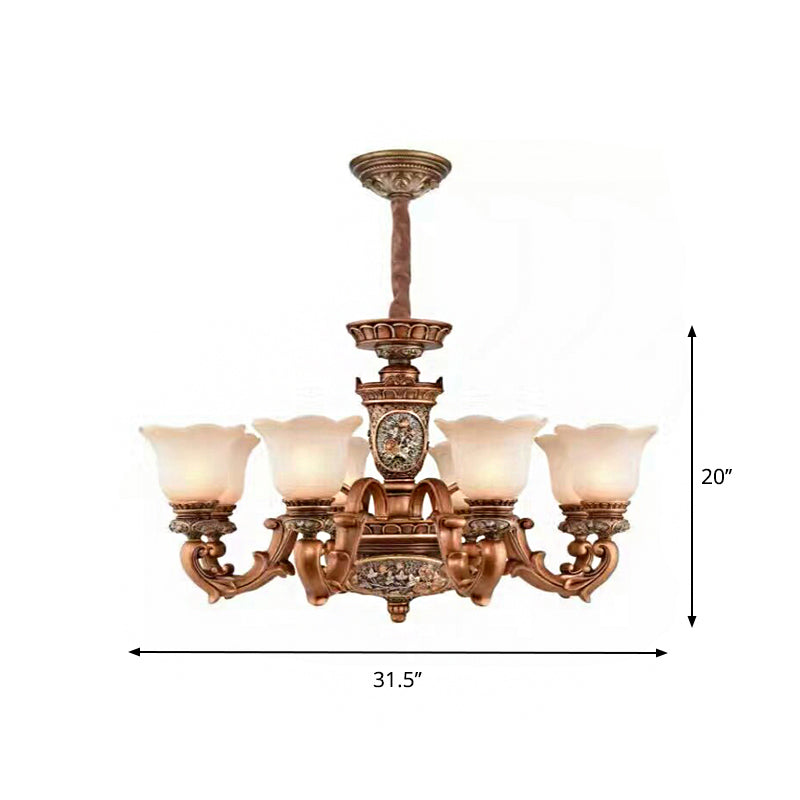 Cream Glass Brown Chandelier Lighting Fixture Floral Shade 6/8-Light Antiqued Suspension Pendant