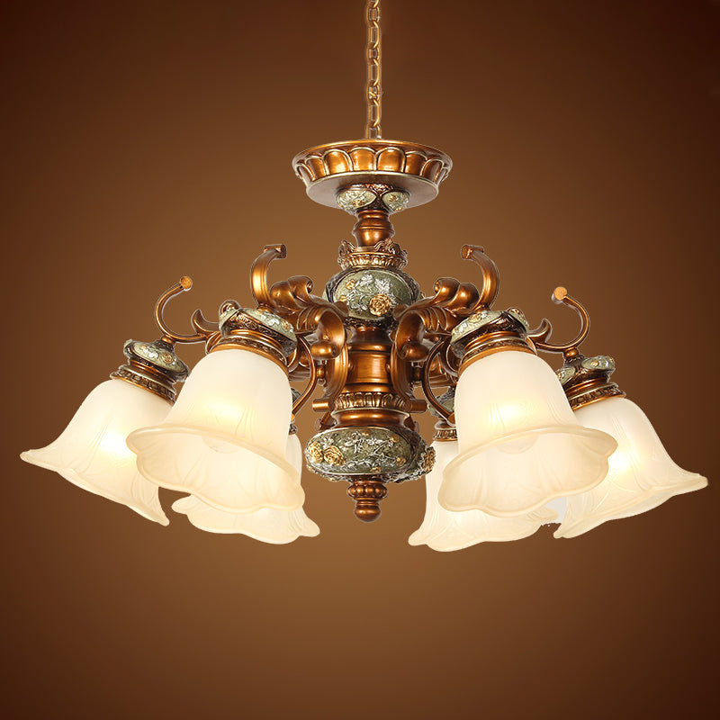 6/8 Bulbs Hanging Chandelier with Floral Shade Milky Glass Vintage Style Guest Room Ceiling Hang Fixture in Brown