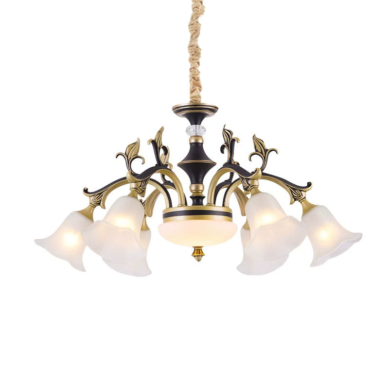 Metallic Black-Gold Suspended Lighting Fixture Curvy Arm 6/8-Light Traditional Style Chandelier with Flower Glass Shade