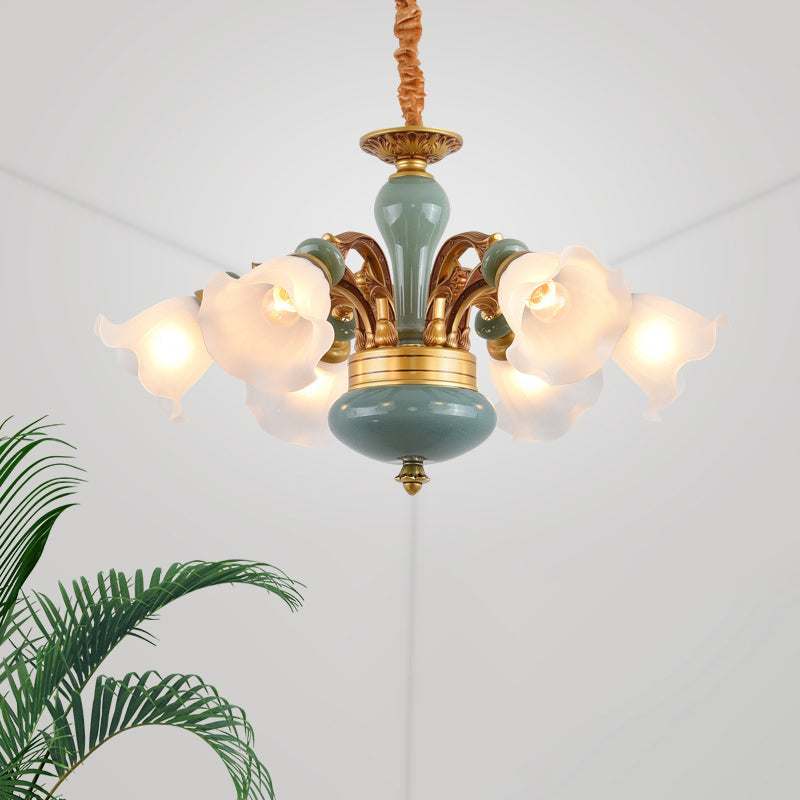 Gold 6/8/10-Bulb Ceiling Suspension Lamp Retro Style Cream Glass Blossom Shaped Chandelier Lighting