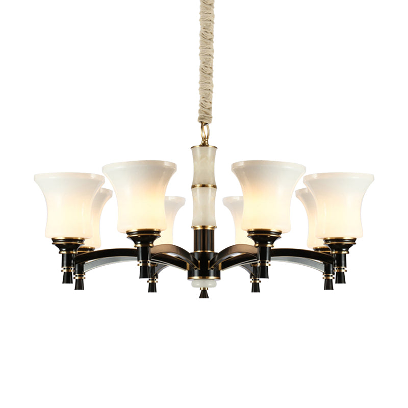 Black Flared Shade Hanging Pendant Light Traditional Style Frosted Glass 6/8-Head Living Room Chandelier Light