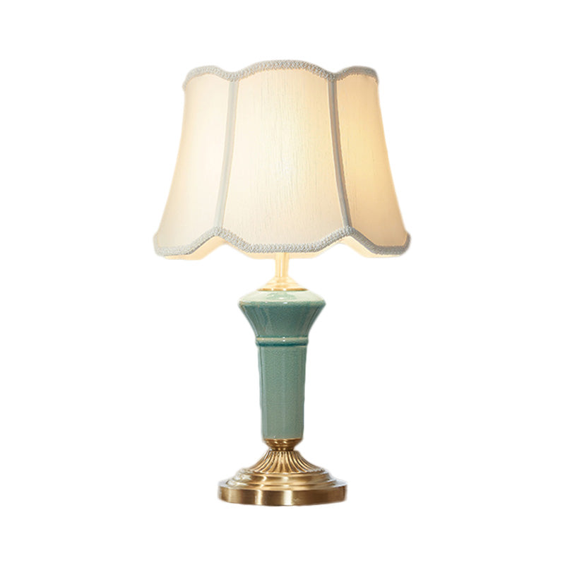 Porcelain Blue Desk Light Column-Shaped Base 1 Light Traditional Table Lamp with Ruffle Edged Fabric Shade