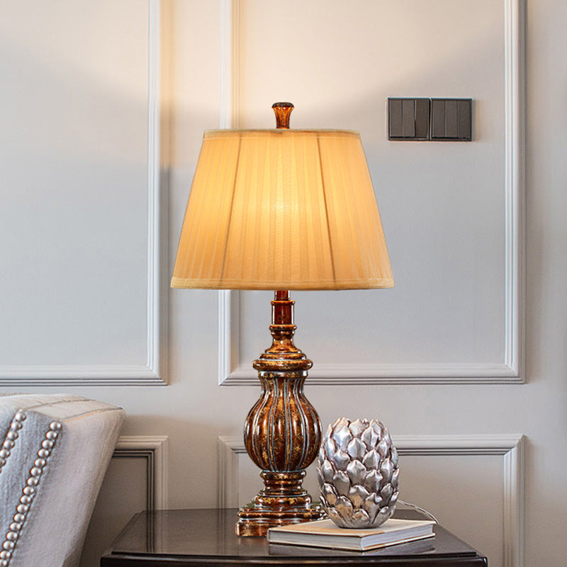 Antique Style Empire Shade Desk Light 1 Bulb Fabric Night Table Lamp in Brown with Resin Base