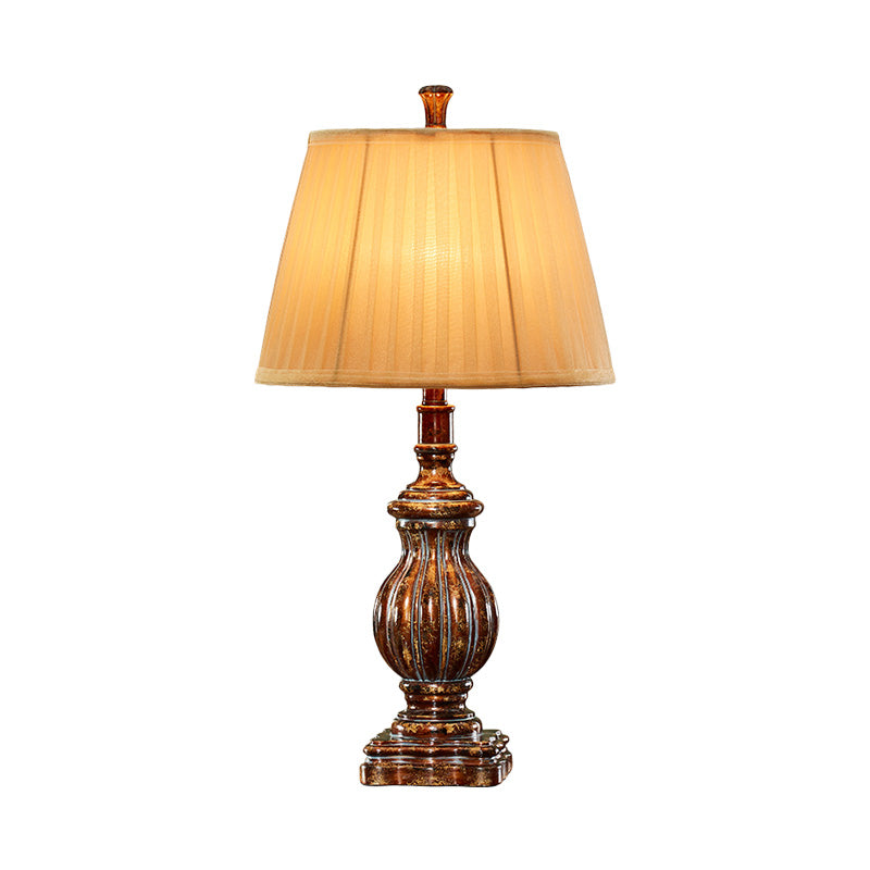 Antique Style Empire Shade Desk Light 1 Bulb Fabric Night Table Lamp in Brown with Resin Base