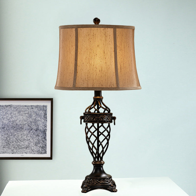 Lampada da tavolo bianca/nera a 1 lampadina Lampada da comodino con base a urna aperta in resina vintage con paralume in tessuto