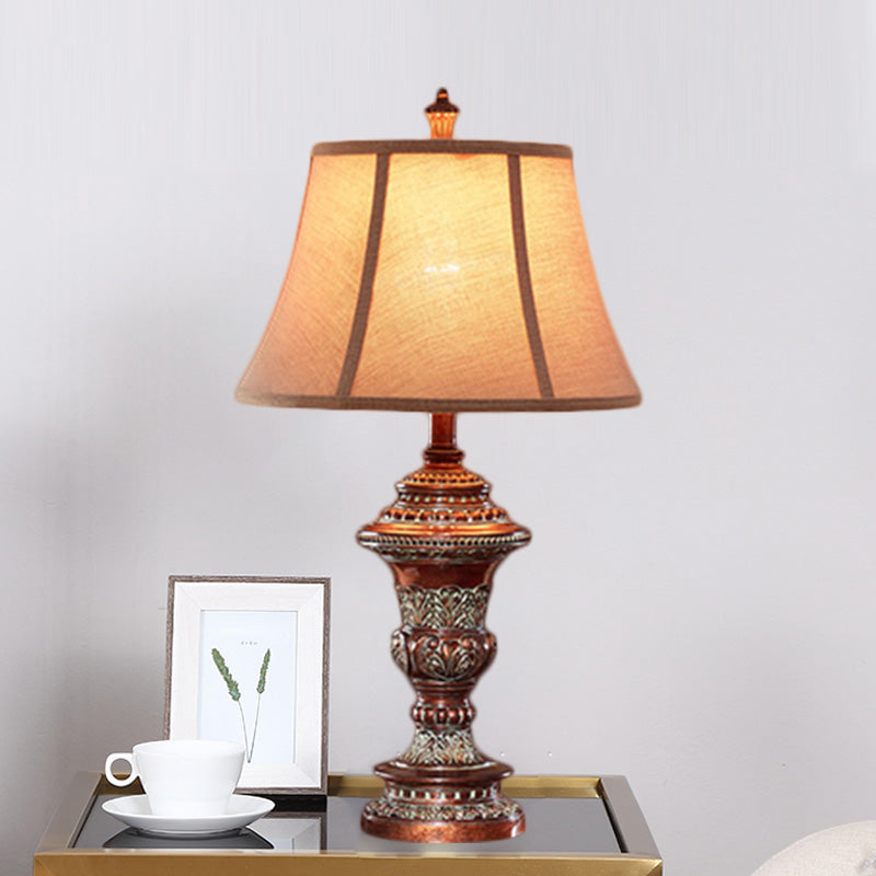 Vintage Style Bell Shade Nightstand Lamp 1 Bulb Fabric Desk Light in Red Brown with Urn-Shaped Base, 25"/29.5" H