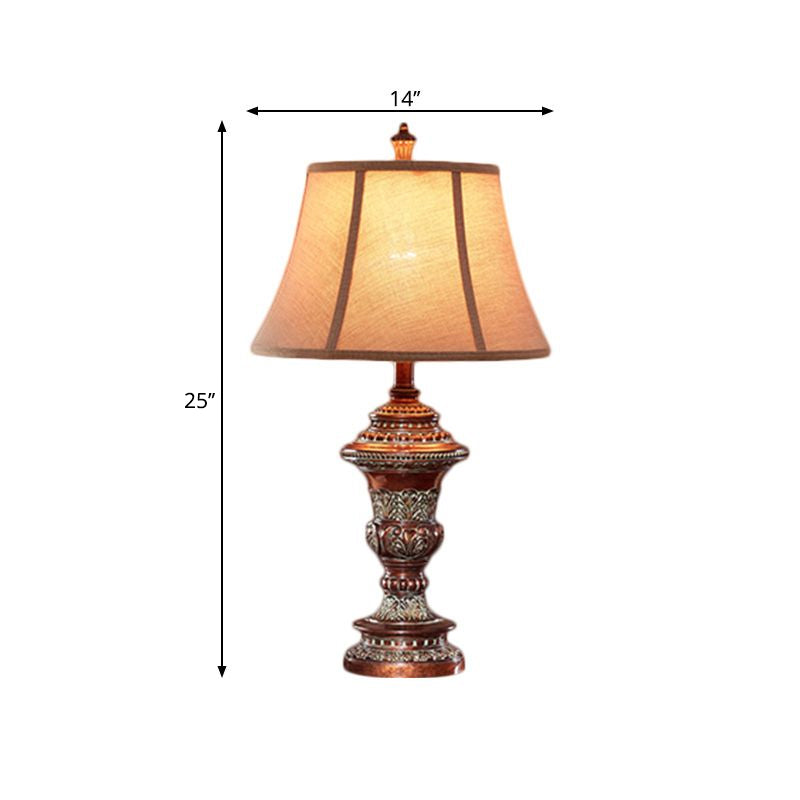 Vintage Style Bell Shade Nightstand Lamp 1 Bulb Fabric Desk Light in Red Brown with Urn-Shaped Base, 25"/29.5" H