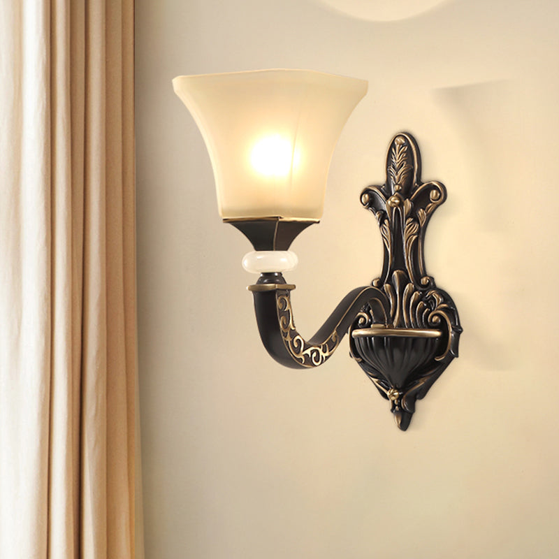 Black 1/2-Bulb Wall Mounted Light Fixture Retro Milky Glass Flared Shade Sconce Light