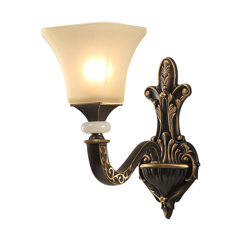 Black 1/2-Bulb Wall Mounted Light Fixture Retro Milky Glass Flared Shade Sconce Light