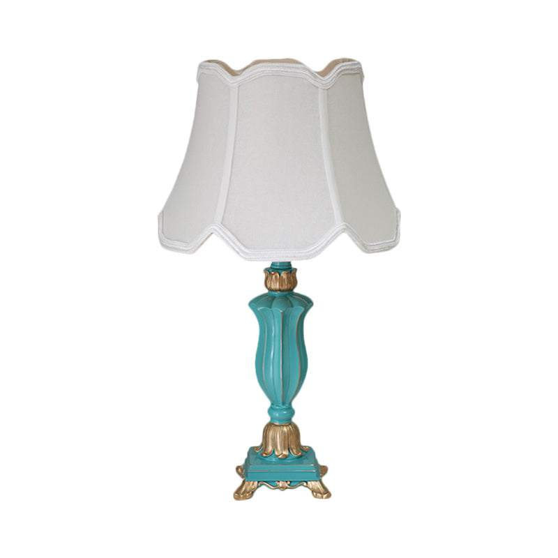 White/Blue Flared Shade Night Table Lamp Traditional Style Fabric 1-Head Bedroom Desk Light