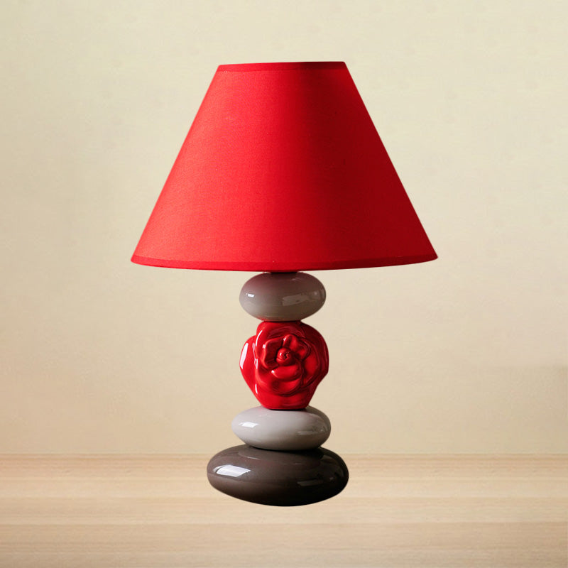 1 Bulb Table Lamp with Cone Shade Fabric Vintage Style Guest Room Ceramics Desk Light in Red
