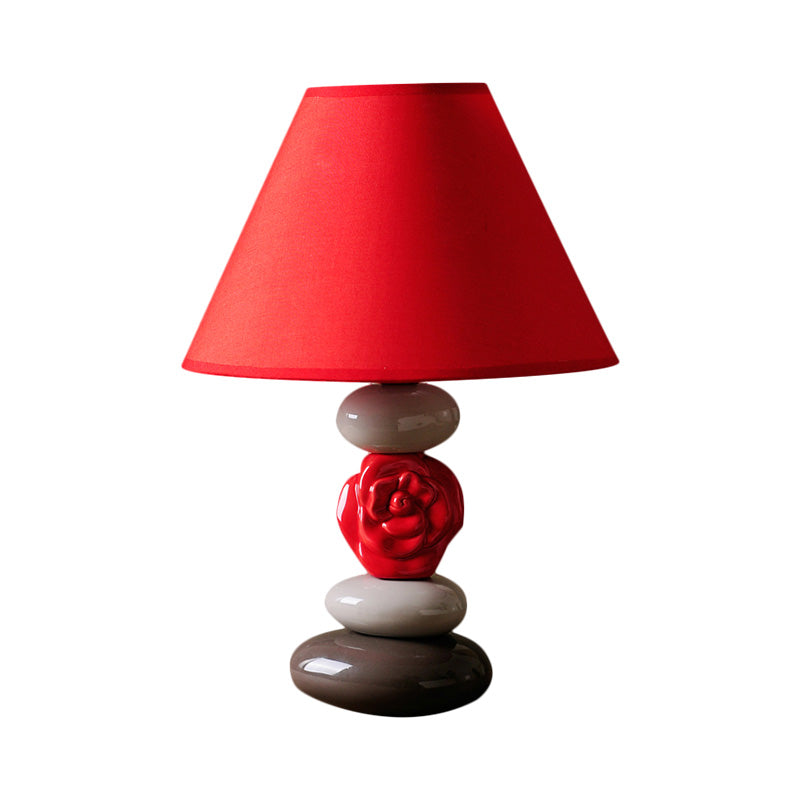 1 Bulb Table Lamp with Cone Shade Fabric Vintage Style Guest Room Ceramics Desk Light in Red