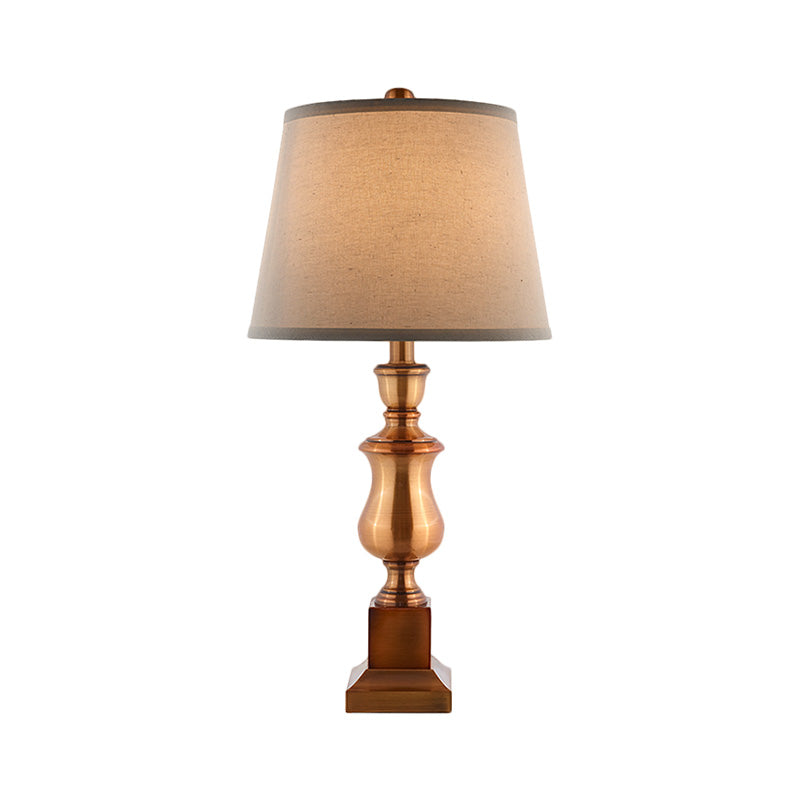 Metallic Baluster Desk Light Vintage Style 1 Head Bedside Table Lamp in Brown with Conical Fabric Shade