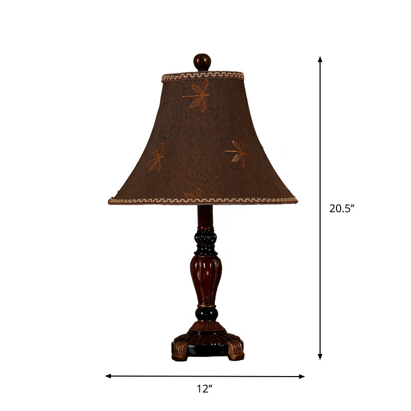 Brun brun 1 bulb de bureau clair de style rural de style rural tissu lampe de table à cloche avec motif de libellule