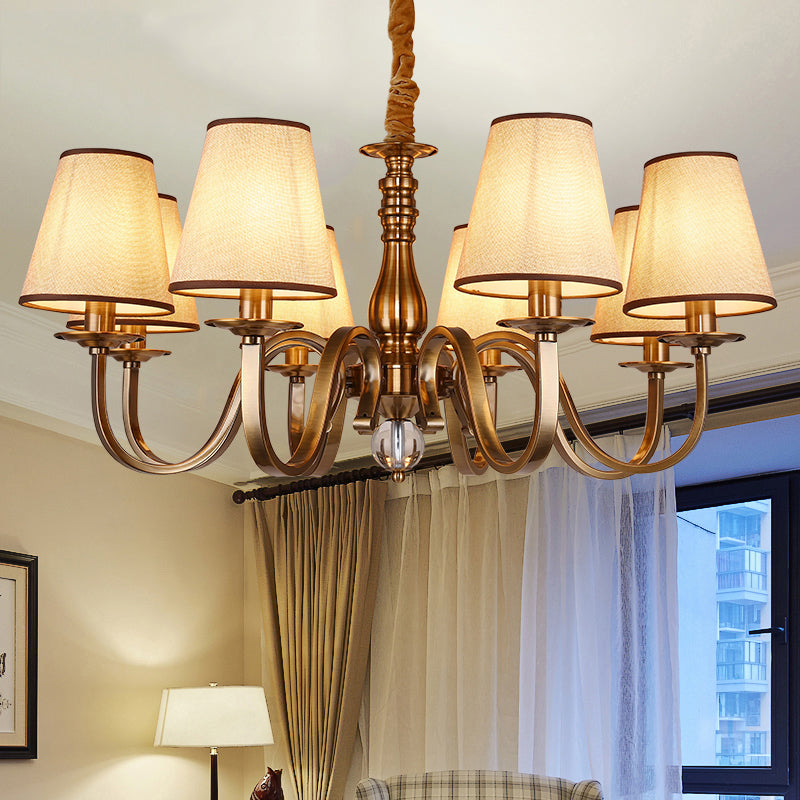 5/8 Heads Chandelier Lighting Fixture with Conical Shade Fabric Vintage Living Room Hanging Pendant in Brass