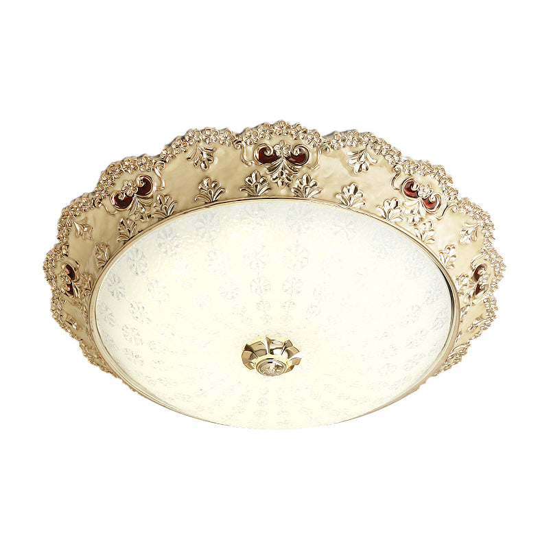 Milky Glass Dome Shaped Flushmount Retro Style LED Bedroom Close to Ceiling Lighting in Gold, 14"/16"/19.5" W