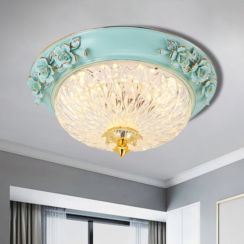 Bowl Up Design Flush Light Fixture Retro Style LED Clear Glass Ceiling Lamp in Blue for Dining Room, 11"/15" W