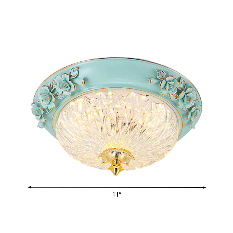 Bowl Up Design Flush Light Fixture Retro Style LED Clear Glass Ceiling Lamp in Blue for Dining Room, 11"/15" W