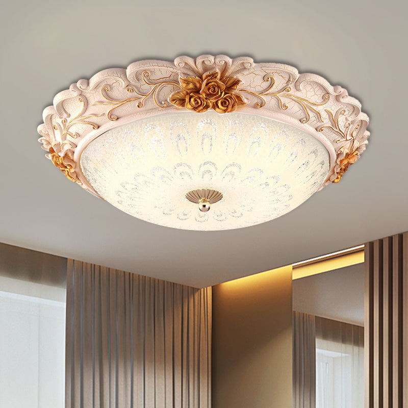 12"/16"/19.5" Width LED Flush Mount Lighting with Domed Shade Opal Blown Glass Retro Living Room Ceiling Lamp in White-Gold