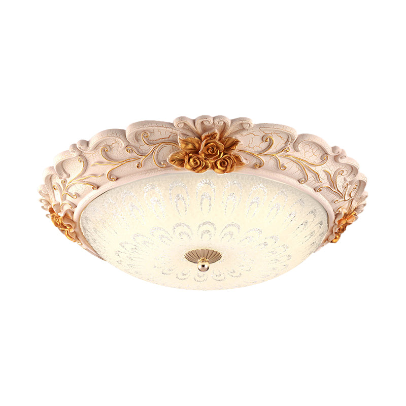 12"/16"/19.5" Width LED Flush Mount Lighting with Domed Shade Opal Blown Glass Retro Living Room Ceiling Lamp in White-Gold