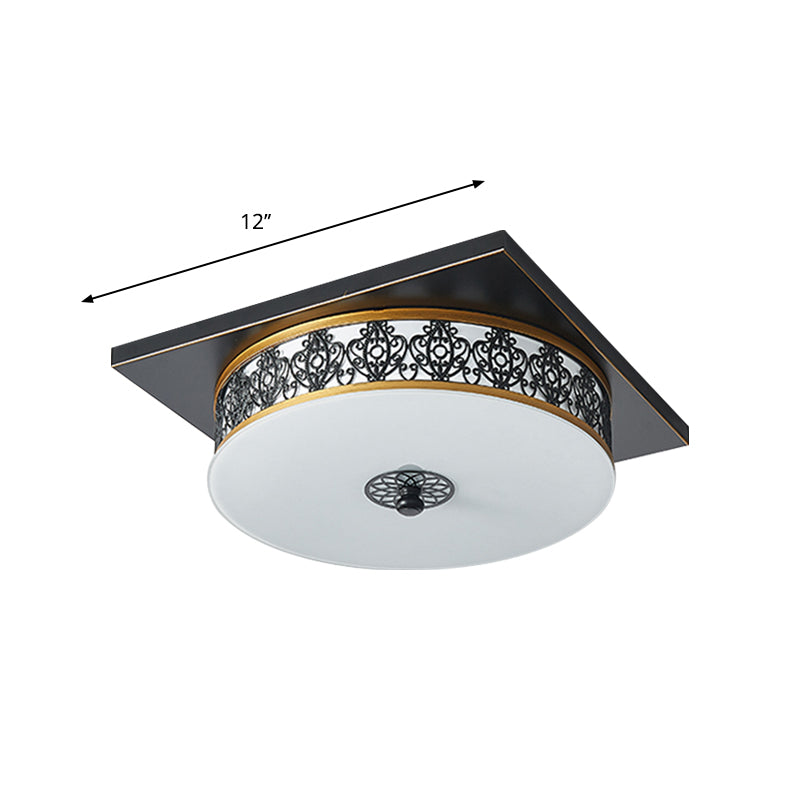 Drum Design Opaline Glass Flushmount Traditional LED Bedroom Ceiling Light Fixture in Black, 12"/16"/19.5" W