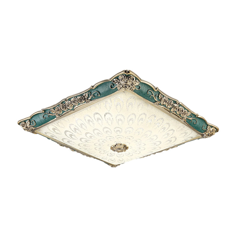 Pink/Green Square Shaped Flush Mount Light Antique Opaque Glass LED Bedroom Close to Ceiling Lamp
