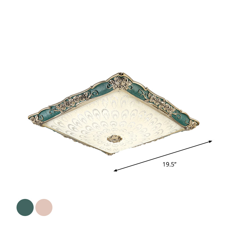 Pink/Green Square Shaped Flush Mount Light Antique Opaque Glass LED Bedroom Close to Ceiling Lamp