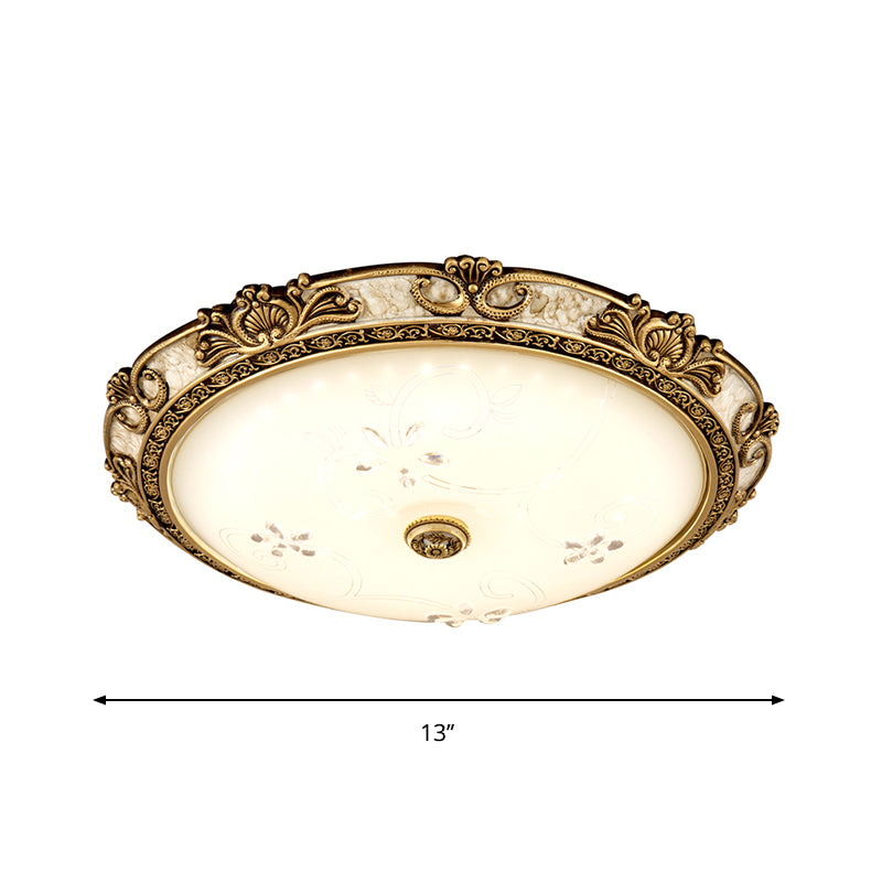 Brass LED Flushmount Light Vintage Style Cream Glass Bowl Shape Flush Lamp Fixture in Warm/White Light, 13"/16"/19.5" Wide