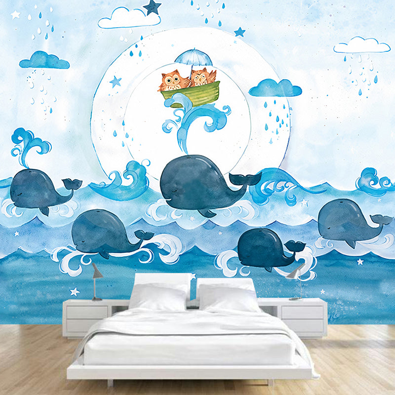 Cartoon Owl and Whales Murals Blue Sea Wall Decor for Childrens Bedroom, Optional Size