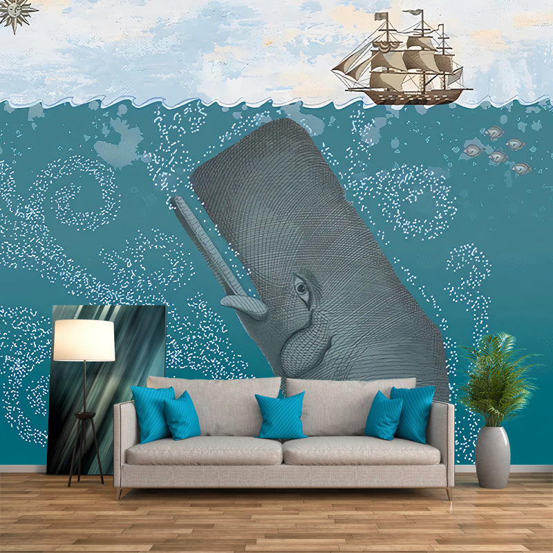Wandgemälde für Kinder in voller Größe, Pastellfarben, Unterwasserwal und Segelboot, Wanddekoration, personalisierte Größe