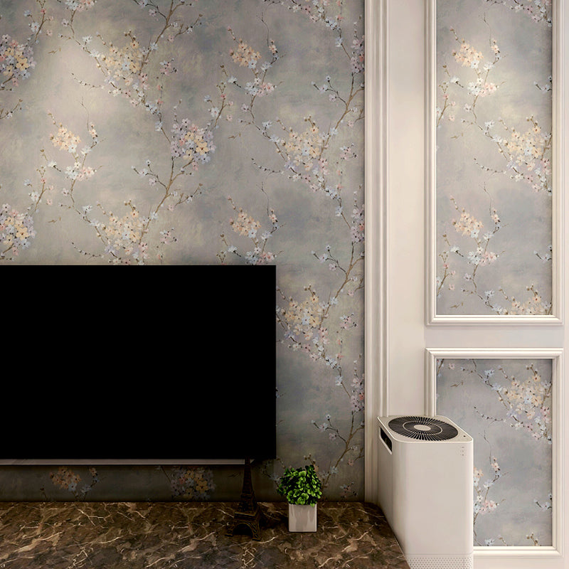 Plum Flowers Wallpaper Roll Rustic Glitter Wall Decoration in Light Color, Non-Woven