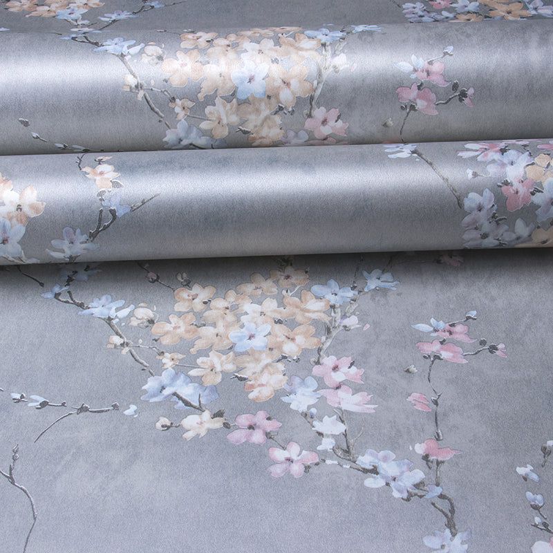 Plum Flowers Wallpaper Roll Rustic Glitter Wall Decoration in Light Color, Non-Woven