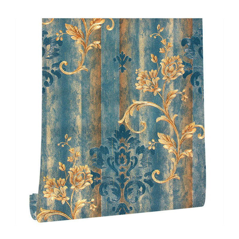 Satin Moisture Resistant Wallpaper European Flower Printed Wall Art in Antiqued Blue