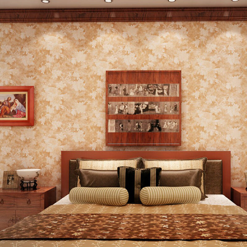 Maple Leaves Plant Wallpaper Countryside Shimmer Wall Art in Yellow for Bedroom, Paper Made