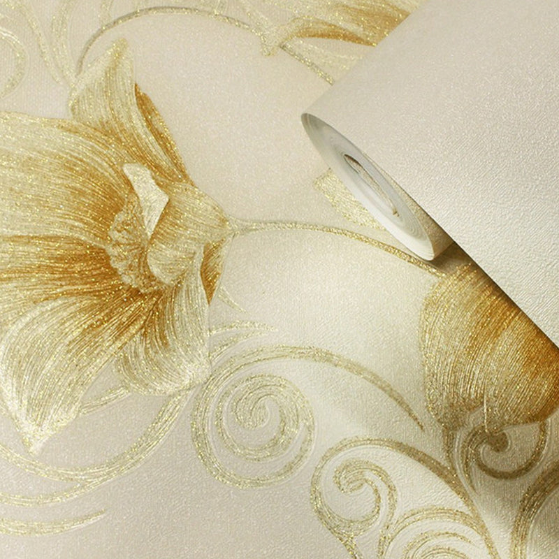 Gold Lotus Blossom Wallpaper Roll Stain Resistant Rustic Dining Room Wall Covering